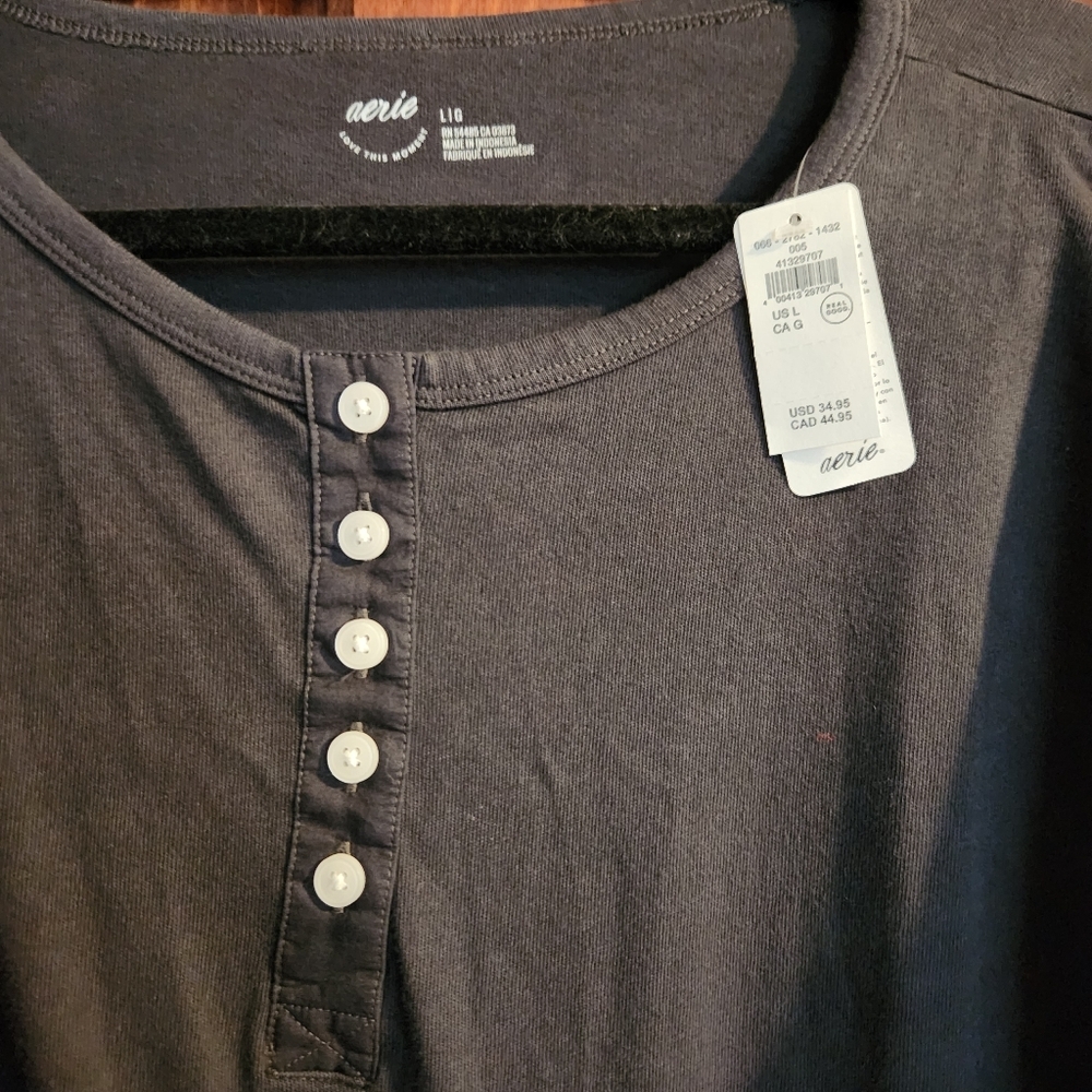 Aerie Cotton Henley Long Sleeve Shirt Large - NWT - Smoked Gray - Picture 6 of 10
